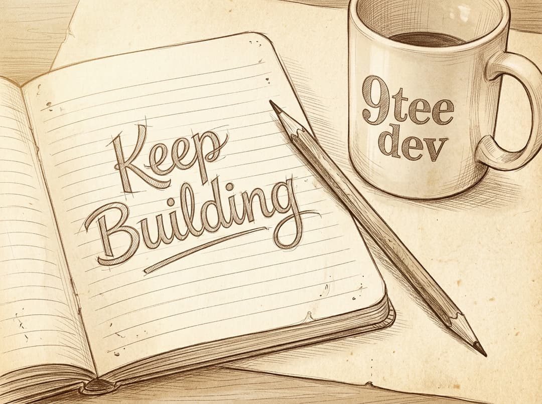 สมุดบันทึก Keep Building และแก้วกาแฟ 9teedev ลายเส้นดินสอ